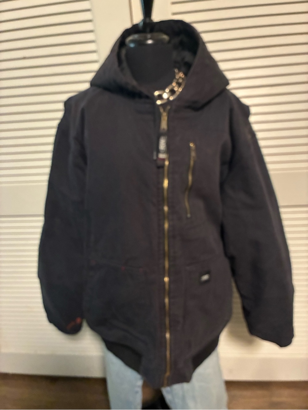 Men's Black Hooded Bomber Jacket with Gold Zipper Detail